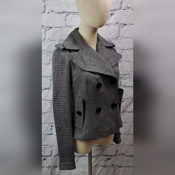 Burberry Women's Pea Coat Jacket Wool Chunky Knit Sleeves Gray Vintage Y2K 4 US - Picture 3 of 16
